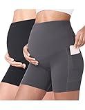 POSHDIVAH 2 Pcs Black Grey Women's Maternity Yoga Shorts Over The Belly Bump Summer Workout Running Active Short Pants with Pockets 5" Medium
