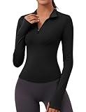 Workout Shirts Women Long Sleeve Yoga Tops Sports Running Shirts Half Zip Pullover Athletic Top Slim Fit Cropped(Black,Medium)