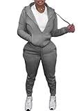 PINSV Womens Two Piece Outfits Sweatsuits Sets Long Sleeve Zip Up Hoodie Sweatpants Jogging Suits Casual Tracksuits Grey XL