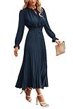 PRETTYGARDEN Women's 2024 Fall Midi Dress Casual Long Sleeve V Neck Swiss Dot Pleated A Line Flowy Dresses (Navy,Large)