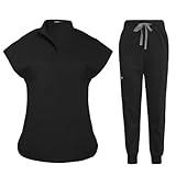 niaahinn Scrubs Set for Women Nurse Uniform Jogger Suit Stretch Top & Pants with Multi Pocket for Nurse Esthetician Workwear (Black, Small)