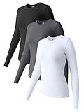 OQQ Womens 3 Piece Long Sleeve Tops Crew Neck Stretch Fitted Underscrubs Layer Tee Shirts Tops Black Darkgrey White