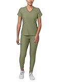 Adar Uniforms Pro Heather Modern Athletic Scrub Set for Women, Modern V-Neck Scrub Top & Yoga Jogger Scrub Pants, P9500H, Heather Olive, XXS