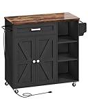 CHOEZON Kitchen Island Trolley with Power Outlet, Spice Rack, Rolling Storage Cart with Drawer, Versatile Island Table with Cabinet, for Dining Room, Black and Rustic Brown MZD02UBFC1