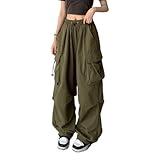 Women Cargo Pants Baggy Y2K Clothing Multi Pockets High Waist Loose Straight Leg Pants Vintage Grunge Aesthetic Clothes (B Army Green,S)