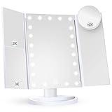 Makeup Mirror Vanity Mirror with Lights, 2X 3X 10X Magnification, Lighted Makeup Mirror, Touch Control, Trifold Makeup Mirror, Dual Power Supply, Portable LED Makeup Mirror, Women Gift (White)