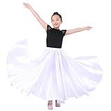 Girls Satin Full Circle Long Dance Skirt Ankle Length Shiny Satin Swing Skirt for Girls 8-12 Years Belly Dance Long Skirt (360 Degree, White)