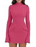 YMDUCH Women's Long Sleeve Mock Turtle Neck Bodycon Mini Tank Short Party Dress Rose