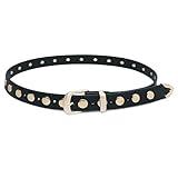 Women Trend Y2K Studded PU Leather Belt Solid Color Shiny Buckle Waist Skinny Belts for Jeans Shorts Skirts Black