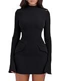 YMDUCH Women's Long Sleeve Mock Turtle Neck Bodycon Mini Tank Short Party Dress Black