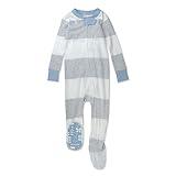 HonestBaby Non-Slip Footed Pajamas One-Piece Sleeper Jumpsuit Zip-Front PJs 100% Organic Cotton for Baby Boys, Rugby Stripe Light Heather Gray, 12 Months