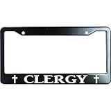 URCustomPro Clergy with Cross Logo Matte Black Stainless Steel License Plate Frame for Christian, Jesus/God Auto Car Tag Frame, Heavy Duty License Plate Cover Holder, 2 Holes with Screws