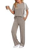 LILLUSORY 2 Piece Lounge Sets for Women Summer Vacation Outfits Fall Pajamas 2025 Matching Ribbed Casual Wide Leg Pants Sets Khaki L