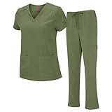 Natural Uniforms Women's Cool Stretch V-Neck Top and Cargo Pant Set (Olive, X-Large)