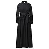 Church Clergy Dress for Women Long Sleeve A Line Elegant Maxi Dress with Tab Insert Stand Collar and Belt Black