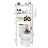 Simple Trending Over The Toilet Storage Rack with Toilet Paper Holder, Heavy Duty Metal 3 Tier Bathroom Organizer Shelf with 3 Hooks, White