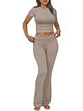 Trendy Queen Lounge Sets For Women 2 Piece Casual Y2K Outfits Short Sleeve Cropped Tops Fold Over Flare Pants Tracksuits CoffeeGrey M