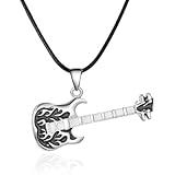 Vintage Fire Guitar Pendant Necklace for Women Men Stainless Steel Fashion Punk R&B Rock Electronic Musical Charm Rope Chain Adjustable Choker Halloween Holiday Party Jewelry 20 inches (Black Enameled)
