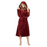 HEARTNICE Womens Hooded Fleece Robe, Soft Plush Bathrobe for Womens, Fluffy Cute Long House Coat (A-Wine Hooded, S/M)