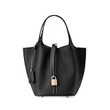 Genuine leather bucket bag for women old trend lychee drawstring soft basket tote bag (black)