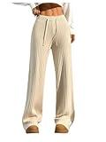 Verdusa Women's Wide Leg Comfy Knit Lounge Pant Drawstring High Waisted Striped Chunky Sweater Pants Apricot Large