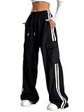 Verdusa Women's Cargo Pants Baggy Straight Wide Leg Athletic Pants Striped Bottoms Streetwear Black Small