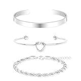 Sterling Silver Plated Bangle Bracelets Stack for Women, Silver Cuff Link Chain Bracelets Set, Trendy Waterproof Jewelry Gifts Adjustable