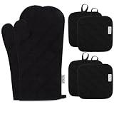 Win Change Oven Mitts and Pot Holders Sets,6 Pcs Oven Mitts and Potholders with Recycled Cotton High Heat Resistant Extra Thick Long Oven Mitts for Cooking(Black)