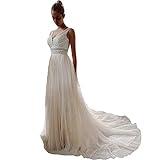 Sorayan Wedding Dresses for Bride Illusory Lace Bohemia V Neck Layers Tulle A Line Beachy Wedding Gowns(Medium) White