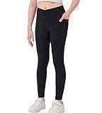 MEJING Girls Black Leggings Size 14-16, Crossover Yoga Pants with Pockets, Teen Girls Athletic Dance Workout Active Pants, Activewear for Gym