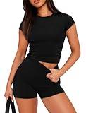 SAMPEEL Two Piece Sets for Women Summer Tshirt High Waist Shorts Workout Matching Outfits Black M