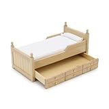 Dollhouse Miniature Bed with Drawer 1:12 Wooden Furniture European Bedroom Bedding Furniture Accessories with Pillow & Mattresses Vintage Floral Fabric Mini House Decoration (Woody)