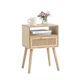 MaxSmeo Modern Nightstand Rattan Side End Table with Storage, for Living Room, Bedroom and Small Spaces, Accent Bedside Farmhouse Tables with Solid Wood Legs, Easy Assembly (Natural Walnut)