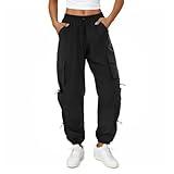 COPYLEAF Womens Parachute Cargo Pants with Pockets Quick Dry Hiking Pants Lightweight Water-Resistant Baggy Joggers(Black S)