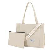 UERRUAM Tote Bag for Women,Corduroy Purse with Zipper Makeup Pouch,Shoulder Crossbody Bag for Work,Everyday,College,2pcs,Off White