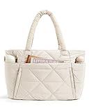 BAGSMART Tote Bag for Women, Puffy Tote Bag with Zipper, Large Quilted Shoulder Bag with Compartments for Travel, Work, Gym (Beige)