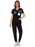 COZYFIT Scrubs for Women - V-Neck Top & Cargo Pants Scrubs Set with 10 Pockets - Black, XS