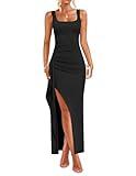 ZESICA Women's Sleeveless Formal Maxi Dresses 2025 Summer Ribbed Square Neck High Split Party Bodycon Long Dress, Black, Medium