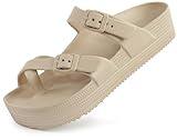 Weweya Womens Platform Sandal with Arch Support Adjustable Buckle Straps Beach Slides Summer Lightweight Flip Flops Sandals Light Brown Size 8