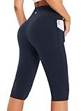 baleaf Women's Knee Length Leggings High Waisted Plus Size Yoga Workout Exercise Capris for Casual Summer with Pockets Navy Blue XL
