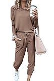 PRETTYGARDEN Women's Fall 2 Piece Lounge Outfit Long Sleeve Crewneck Pullover Tops High Waisted Pants Set Tracksuit (Dark Khaki,Large)