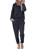 Ekouaer Pajamas Women's Long Sleeve Pj Set Soft 2 Piece Loungewear Sleepwear with Jogger Pants Navy Blue,S