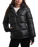 Steve Madden Quilted Moto Puffer Jacket - Heavyweight Hooded Winter Coat - Insulated Outerwear Jacket for Women (Sizes: S-XL), Size Small, Shiny Jet Black