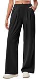 IUGA Wide Leg Pants Woman Pull on Stretchy Work Dress Pants High Waisted Business Casual Trousers Slacks 26''/28'' Black