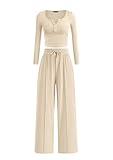 PRETTYGARDEN Women's 2025 Fall Trendy 2 Piece Outfits Lounge Sets Long Sleeve Top Henley Shirts Wide Leg Pants Travel Clothes (Beige,Medium)