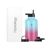 H2 Hydrology Sport Water Bottle 3 LIDS (Straw Lid & Spout Lid) | Double Wall Vacuum Insulated Stainless Steel Wide Mouth | Sports Hot & Cold Leak Proof Sweat Free Thermos (64 oz, Rainbow Magic)