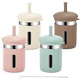 Stainless Steel Kids Cups, 12.51 oz Toddler Tumbler with Straws and Lids, Spill-Proof Baby Smoothie Cups with Silicone Sleeve, Versatile 2-in-1 Drinking Snack Cups for Kids (Pink+Green+Beige+Brown)
