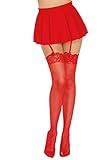 Dreamgirl Women's Sheer Thigh High Pantyhose, Hosiery, Nylons, Stockings with Comfort Lace Top Anti-Slip Silicone Elastic Band, Red, One Size