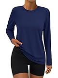 AUTOMET Women's Long Sleeve Workout Tops 2025 Fall Sports Sun Shirts Swim Hiking Gym Tshirts UPF 50+ Rash Guard UV Clothes Navy L