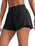 CRZ YOGA Double Layer Running Shorts for Women 3" High Waisted 2 in 1 for Athletic Tennis Workout with Zip Pockets Black Small